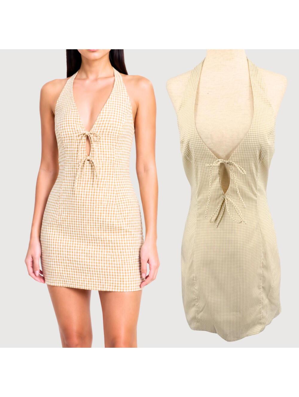 More to Come Plaid Deep V Halter Mini Dress Tan White S